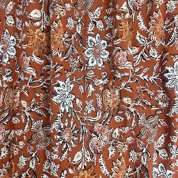 J Jill Boho Cottagecore Midi Skirt Floral Rust Tiered Flowy Elastic L - Picture 4 of 9